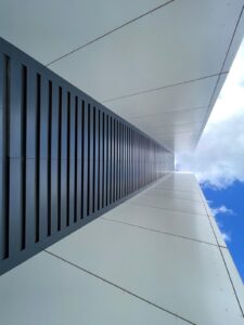 Skyward view of Caice Acoustic Louvres for Yondr Data Centre in Slough