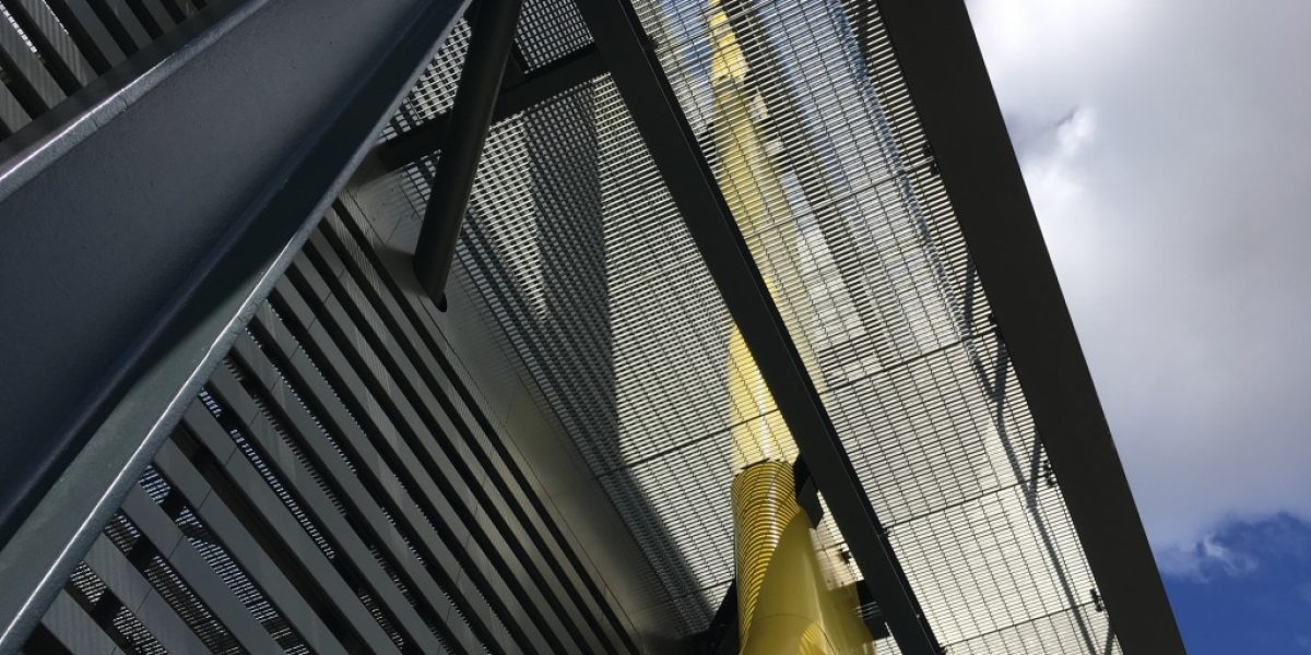 Upward view of Caice Acoustic Louvres at Here East Data Centre